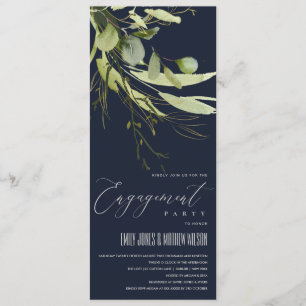 ネイビー緑葉水彩婚約 招待状