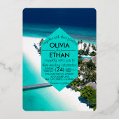 ネイビー自然シーサイド結婚アイランドのフォイル招待状 箔招待状 (正面)