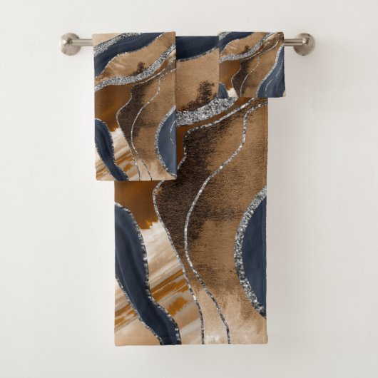 ネイビー自然ブルーマーブルアゲットシルバーグリッター1 バスタオルセット (インサイチュ)