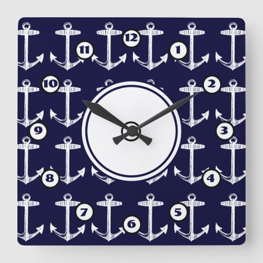 ネイビー航海のいかりパターン スクエア壁時計 (正面)