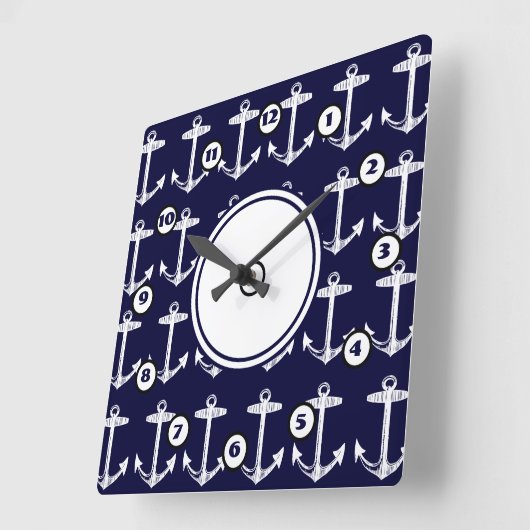 ネイビー航海のいかりパターン スクエア壁時計 (傾斜)