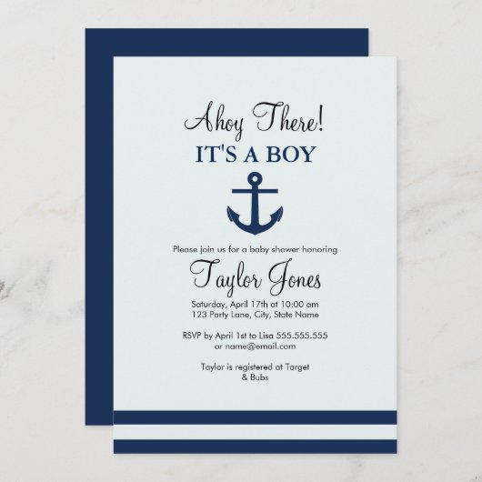 ネイビー航海のいかりベビーシャワー招待状 招待状 (正面/裏面)