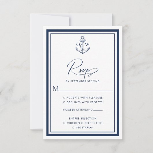 ネイビー航海のいかりモノグラムウェディングRSVPカード 出欠カード (正面)
