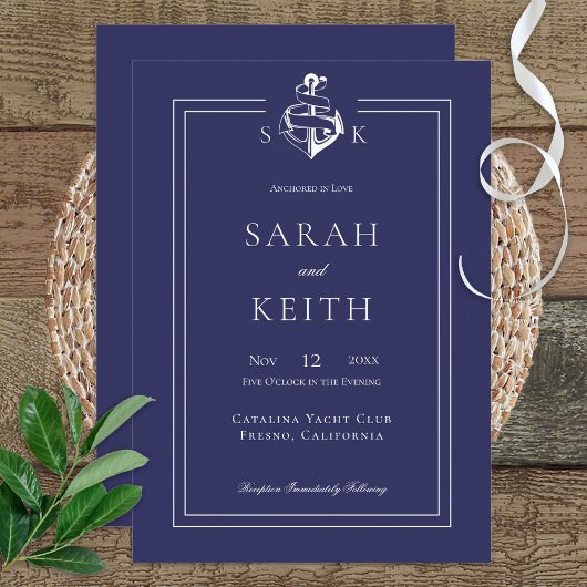 ネイビー航海のいかりモノグ結婚ラム 招待状