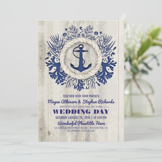 ネイビー航海のいかり素朴ビーチ結婚式 招待状 (スタンド正面)