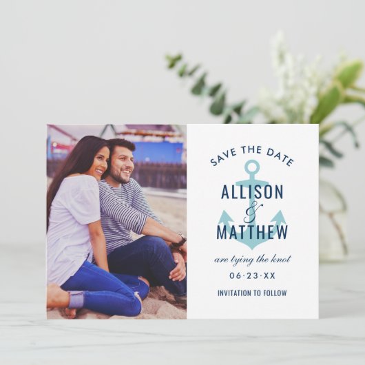 ネイビー航海のアクアブルーいかり結婚の写真 セーブザデート (スタンド正面)