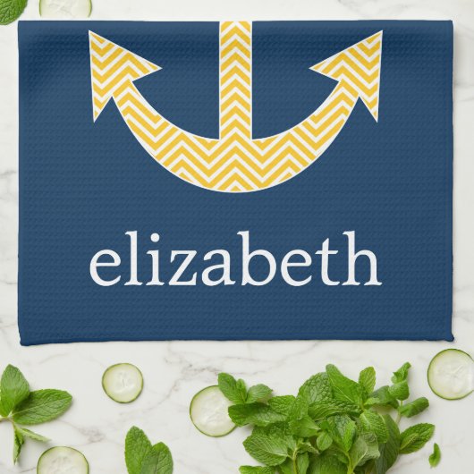 ネイビー航海のイエローシェブロン模様のいかり キッチンタオル (折り畳み)