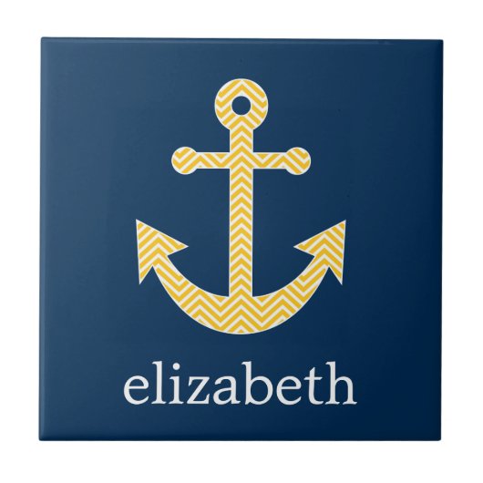 ネイビー航海のイエローシェブロン模様のいかり タイル (正面)