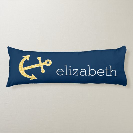 ネイビー航海のイエローシェブロン模様のいかり ボディピロー (正面)