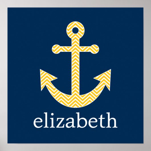 ネイビー航海のイエローシェブロン模様のいかり ポスター (正面)