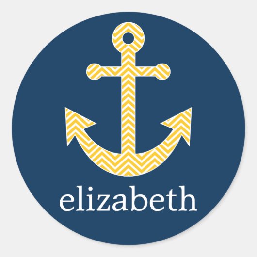 ネイビー航海のイエローシェブロン模様のいかり ラウンドシール (正面)