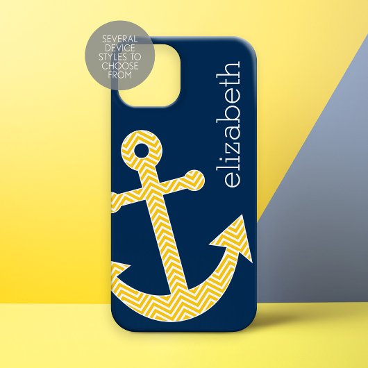 ネイビー航海のイエローシェブロン模様のいかり Case-Mate iPhoneケース