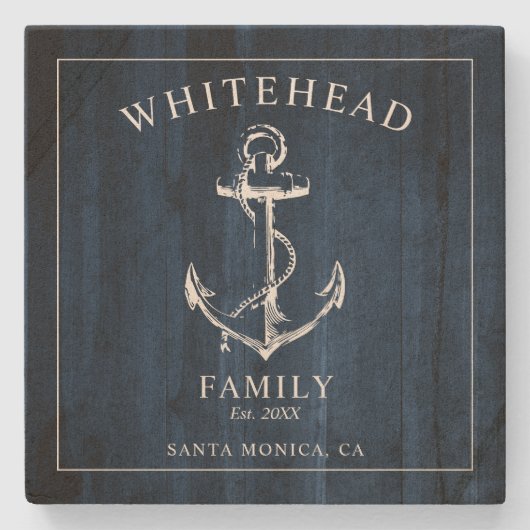 ネイビー航海のウッドいかりファミリーモノグラム ストーンコースター (正面)