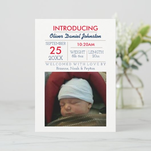 ネイビー航海のストライプフォトベビー発表 案内状 (スタンド正面)