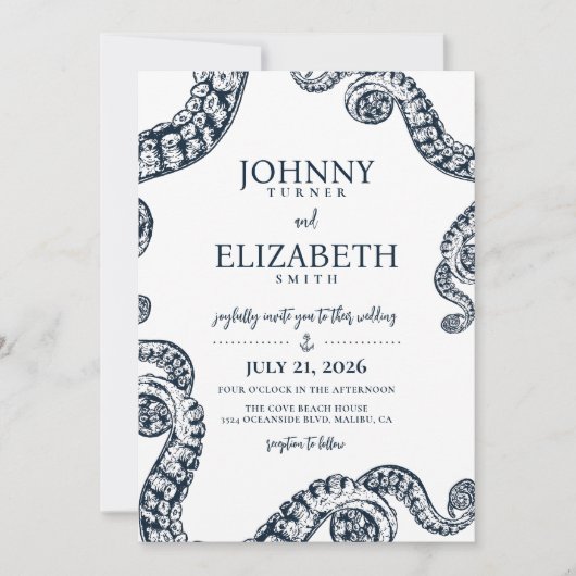 ネイビー航海のタコ触手結婚式招待状 招待状 (正面)