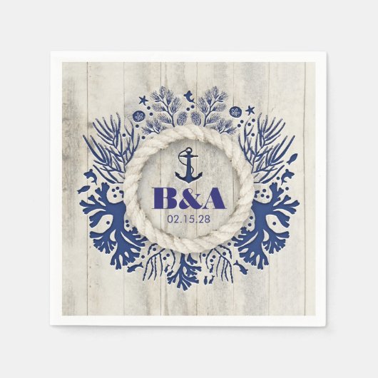 ネイビー航海のド素朴ライトウッドビーチ結婚式 スタンダードカクテルナプキン (正面)