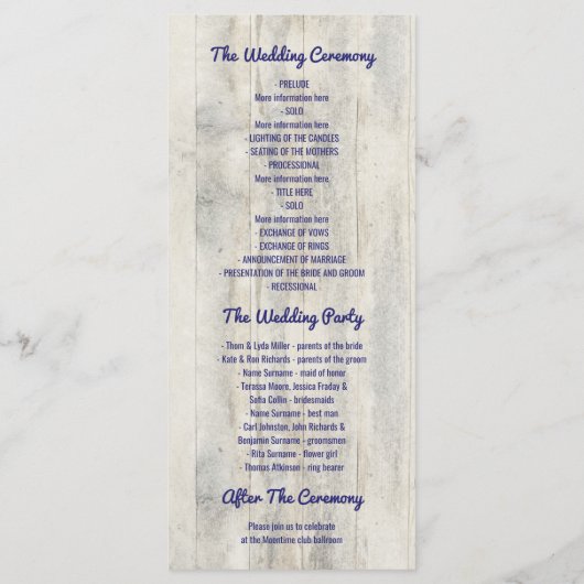 ネイビー航海のド素朴ライトウッドビーチ結婚式 プログラム (裏面)