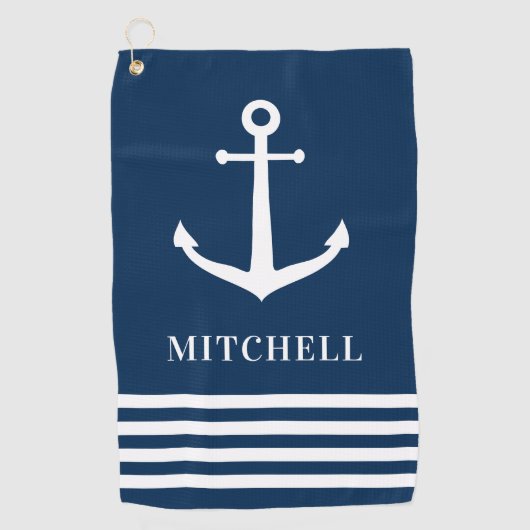 ネイビー航海のネームパーソナライズされたボートいかり ゴルフタオル (正面)