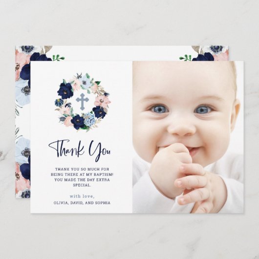 ネイビー航海のフローラとホワイト|写真バプティスマ サンキューカード (正面/裏面)