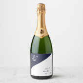 ネイビー航海のブモダンエレガント・モノグラム結婚ズ スパークリングワインラベル (正面)