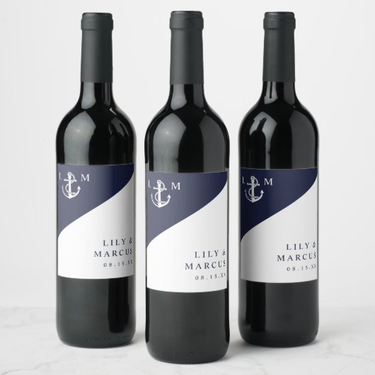 ネイビー航海のブモダンエレガント・モノグラム結婚ズ ワインラベル (ボトル)