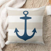 ネイビー航海のブルーいかりとベージュストライプ クッション (ブランケット)