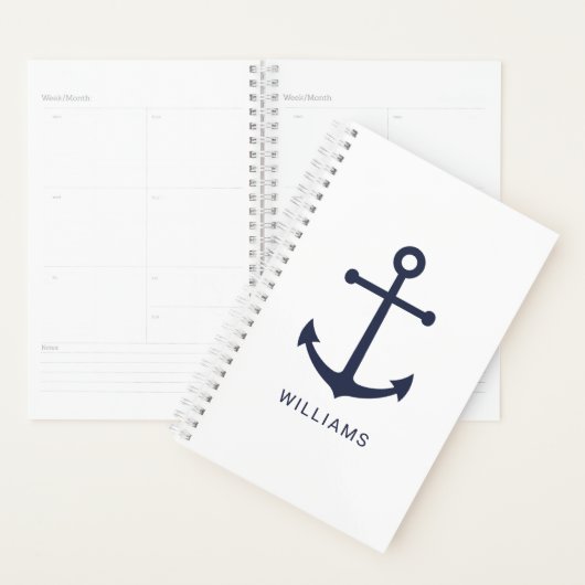 ネイビー航海のブルーいかりと名前をカスタムするオンホワイト プランナー手帳 (ディスプレー)