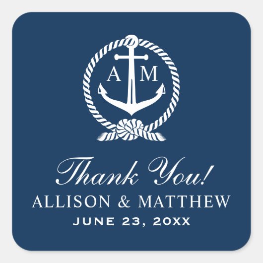 ネイビー航海のブルーいかりズ結婚モノグラム スクエアシール (正面)