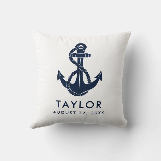 ネイビー航海のブルーいかりベビーシャワーパーソナライズされた クッション (裏面)