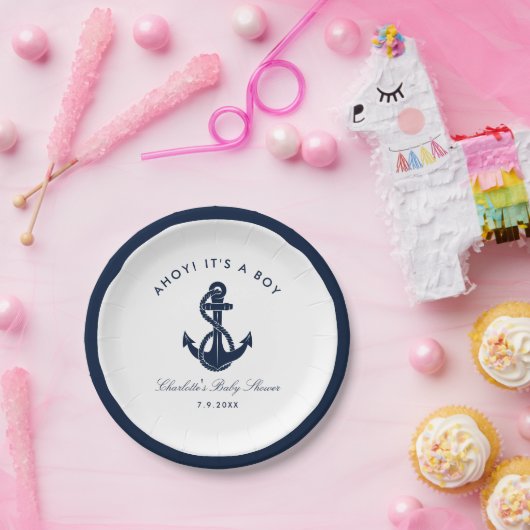 ネイビー航海のブルーいかりベビーシャワー ペーパープレート (パーティー)