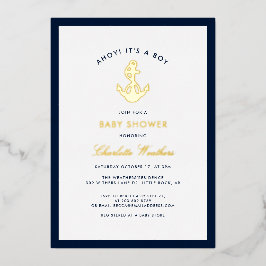 ネイビー航海のブルーいかりボーイベビーシャワー金ゴールド 箔招待状