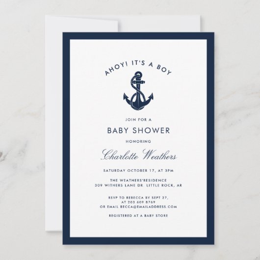 ネイビー航海のブルーいかりボーイベビーシャワー 招待状 (正面)
