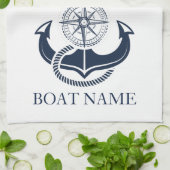 ネイビー航海のブルーいかりボート名 キッチンタオル (折り畳み)
