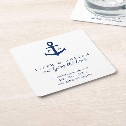 ネイビー航海のブルーいかりモノグラム日付の保存 スクエアペーパーコースター (アングル)