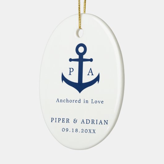 ネイビー航海のブルーいかりモノグラム結婚ズ セラミックオーナメント (左)