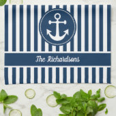 ネイビー航海のブルーいかり上のロープ付きストライプ キッチンタオル (折り畳み)