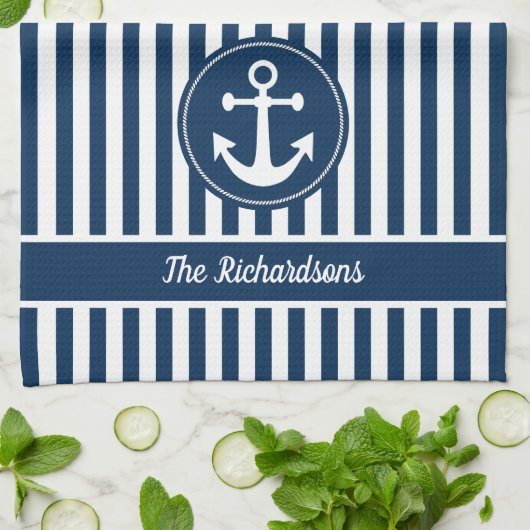 ネイビー航海のブルーいかり上のロープ付きストライプ キッチンタオル (折り畳み)