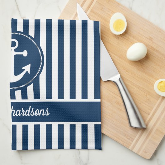 ネイビー航海のブルーいかり上のロープ付きストライプ キッチンタオル (四つ折り)