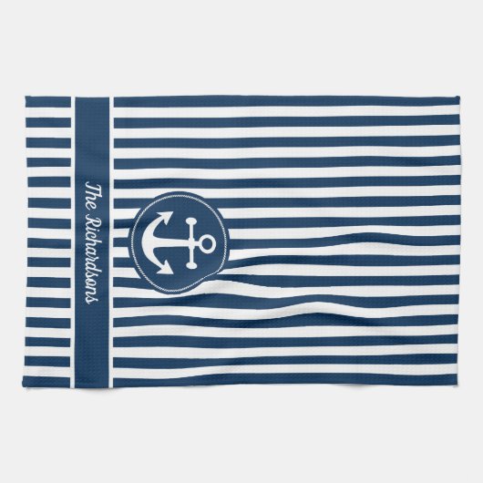 ネイビー航海のブルーいかり上のロープ付きストライプ キッチンタオル (横)