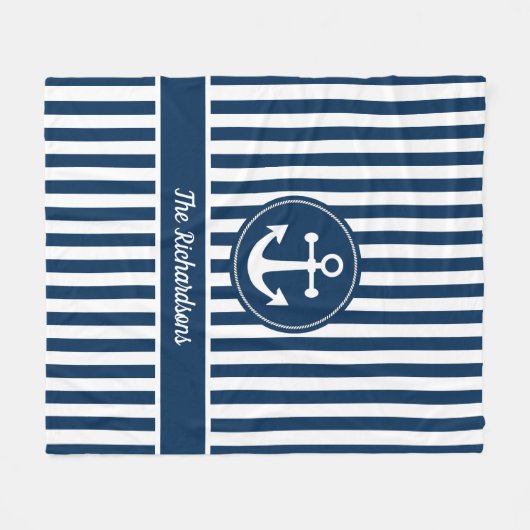 ネイビー航海のブルーいかり上のロープ付きストライプ フリースブランケット (正面(横))