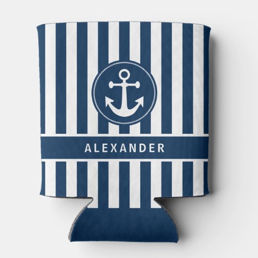 ネイビー航海のブルーいかり上のロープ付きストライプ 缶クーラー (裏面)