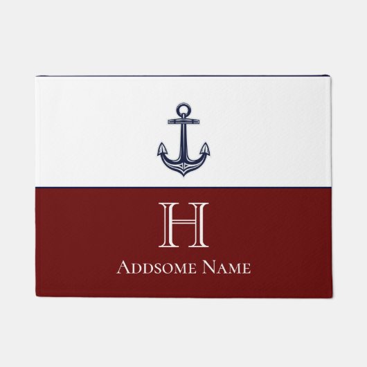 ネイビー航海のブルーいかり沿岸モノグラムマルーン ドアマット (正面)