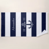 ネイビー航海のブルーいかり沿岸モノグラム名 ビーチタオル (正面)