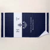 ネイビー航海のブルーいかり沿岸モノグラム名 ビーチタオル (正面)