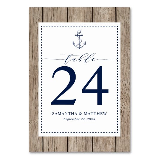 ネイビー航海のブルーいかり素朴ウッド結婚ズ テーブルナンバー (正面)