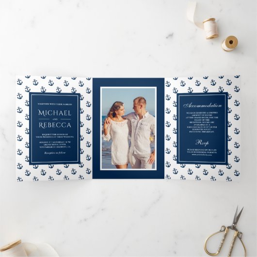 ネイビー航海のブルーいかり結婚ズ写真 三つ折り招待状 (内部)