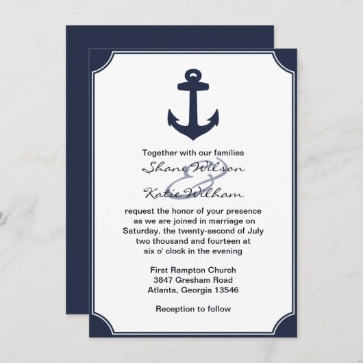 ネイビー航海のブルーいかり結婚式招待状 招待状 (正面/裏面)