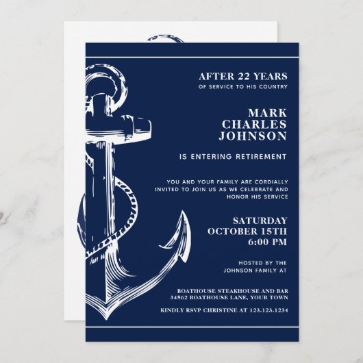 ネイビー航海のブルーいかり退職 招待状 (正面/裏面)
