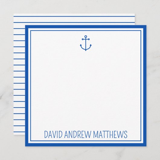 ネイビー航海のブルーとホワイトいかりパーソナライズされた ノートカード (正面/裏面)