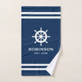 ネイビー航海のブルーとホワイトストライプ名前をカスタムする バスタオルセット (ハンドタオル)
